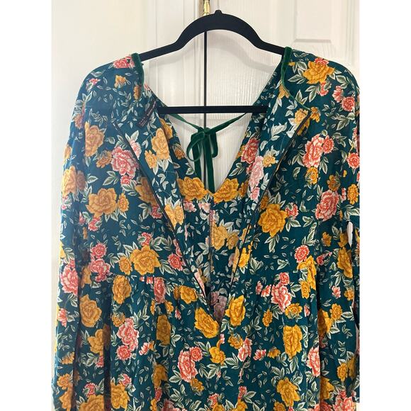 Zara Green & Yellow Rose Floral Print Velvet Trim Romper - Picture 3 of 7